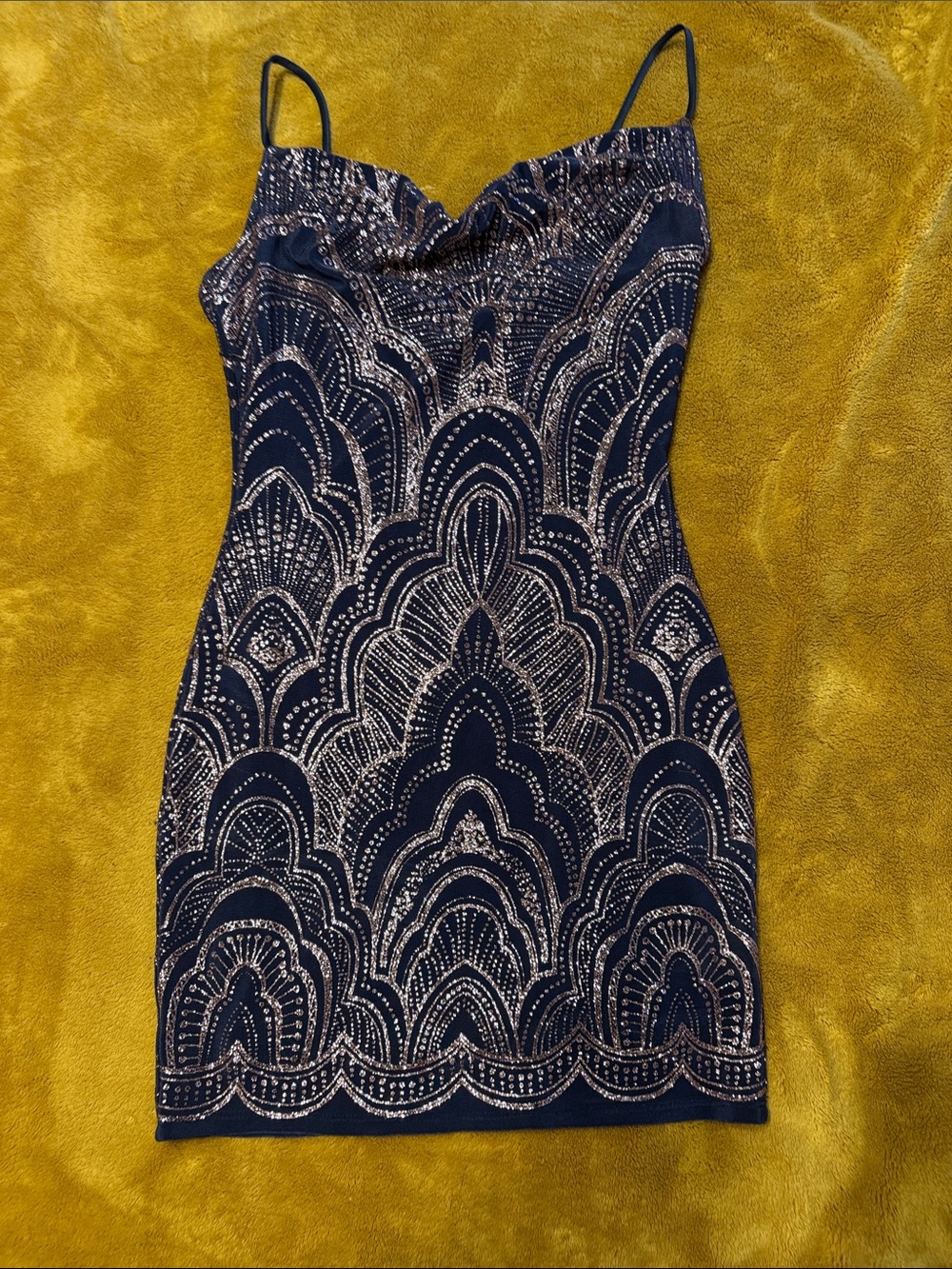 Jump Navy and Rose Gold Sequin Cowl Neck Mini Dress